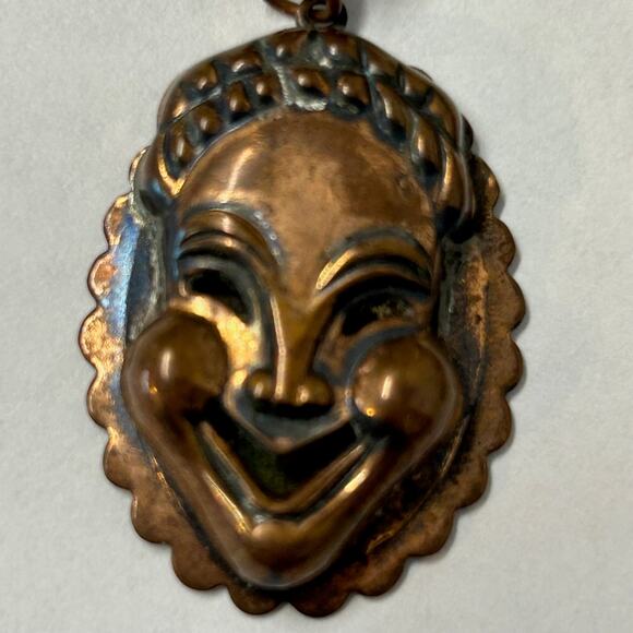 Vintage MCM Theater Drama Mask Comedy Tragedy Copper Screw Back Dangle Earrings - Picture 2 of 5